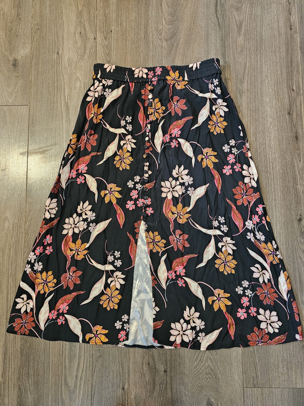 Philosophy Floral Black A-Line Skirt with Pink & Yellow Flowers And Front Slit
